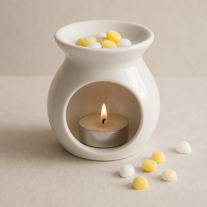 Quemador de wax melts blanco con bolitas aromáticas de coco y cítricos