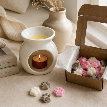 Wax melts huella flor de algodón junto a quemador cerámico