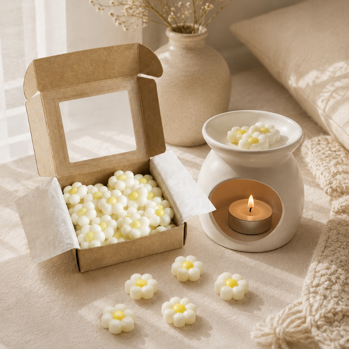 Caja abierta con wax melts de soja aroma jazmín al lado de quemador cerámico